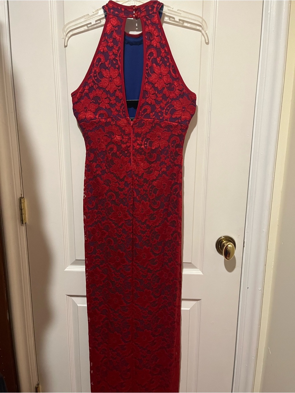 Emerald Sundae Red Lace Halter Maxi with Navy Underlay